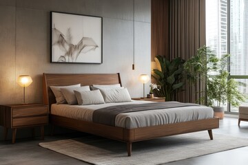 Modern bedroom interior with wooden bed, art, and city view