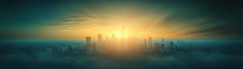 Fototapeta premium A breathtaking skyline emerges from mist as the sun rises, illuminating a modern cityscape with golden hues.