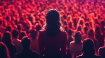 Woman giving presentation to large crowd. Illustrates public speaking, leadership, and conferences.