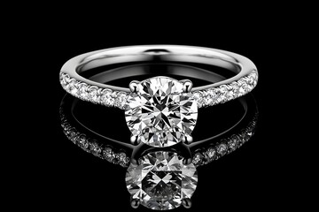 Solitaire diamond engagement ring with pave diamonds on a band, reflected on a black surface.