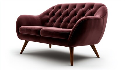 Fototapeta premium Stylish Pink Velvet Sofa With Wooden Legs Isolated on White Background