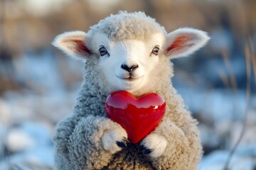 Marketing animal conceptual art. Sheep - my beloved animal. Cute sheep baby with diamond red heart on in a natural habitat. Symbolic love in nature. Red heart in nature. Love in the forest.
