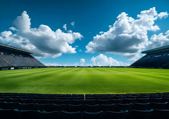 Obraz premium Vivid Green Field Stretches Under a Sky Canvas, An Expansive Stadium View Brimming with Anticipation and a Symphony of Blue and Green Shades