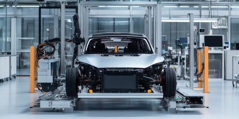 Electric vehicle assembly in a modern automotive manufacturing facility in the early morning