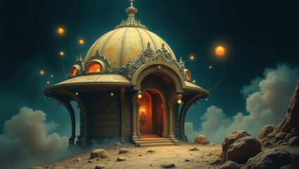 In the eerily enchanting vintage pinhole photograph, a fantastical space habitat emerges from the darkness, like an otherworldly dream brought to life. main subject image whimsical domed structure
