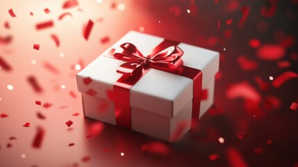 Decorative Gift Box Wrapped with Red Ribbon Surrounded by Falling Confetti in a Festive Setting
