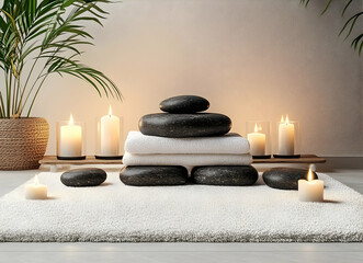 Zen Sanctuary, A Serene Still Life Composition Featuring Spa Stones, Soft Towels, and Glowing Candles for a Moment of Tranquil Relaxation