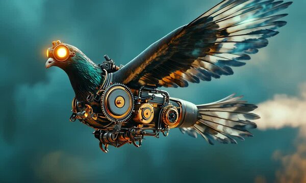 Steampunk Mechanical Bird Flying in a Fantasy Sky with Gears with ai generated.