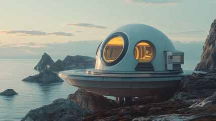 Futuristic dome-shaped house with glowing windows on a rocky coastline at sunset, featuring a sci-fi aesthetic
