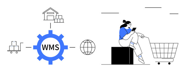 Central WMS gear connecting warehouse, cart, globe, shipping icon. Woman with phone sitting by shopping cart. Ideal for e-commerce, logistics, supply chain, technology operations warehouse
