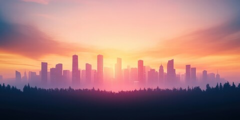 Fototapeta premium Stunning city skyline at sunset, surrounded by lush trees, creating a magnificent contrast of light and nature.
