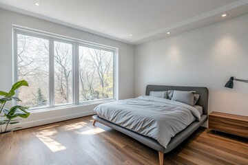 Modern bedroom with large windows overlooking trees