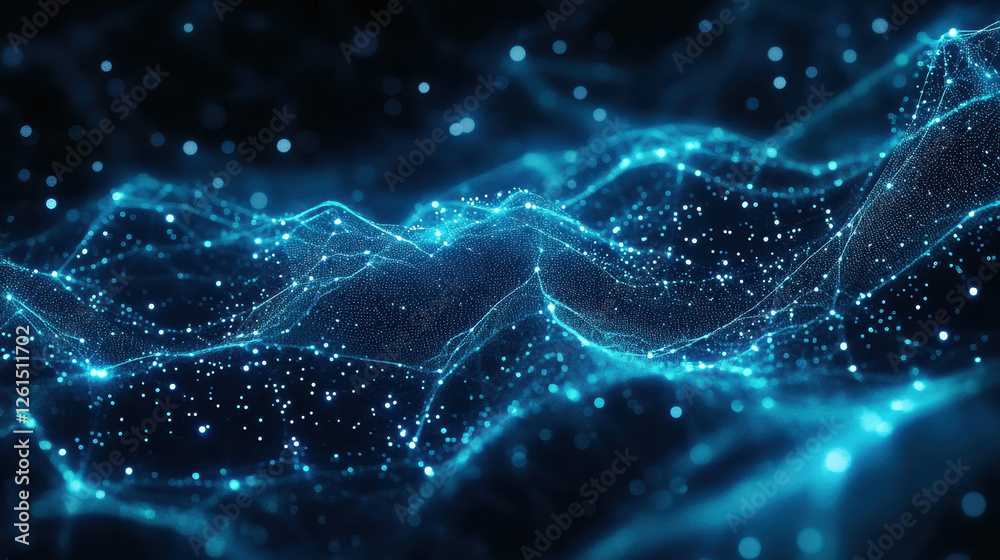 Wall mural abstract digital background with glowing blue particles and network connections on a dark background