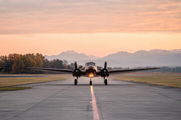 Fototapeta premium A small plane is on the runway at sunset