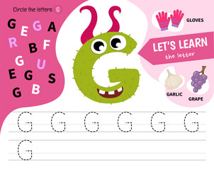 Kids learning material. Worksheet for learning alphabet. Letter G. Illustration of cute cartoon monster letters.
