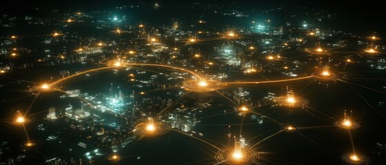 Naklejka premium Futuristic Cityscape: Networked Metropolis at Night