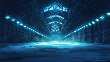 Huge abandoned warehouse with soaring ceilings and symmetrically placed lights that suggest economic decline. Echoing Ruins. Illustration