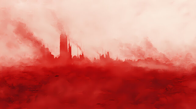Scarlet mist, a crimson fog envelops a desolate wasteland, echoing the haunting stories of a forgotten battle, remnants of conflict linger in the air. Echoing Ruins. Illustration