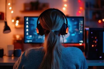 Woman gamer playing video games at night. Perfect for articles on esports, gaming, or technology.