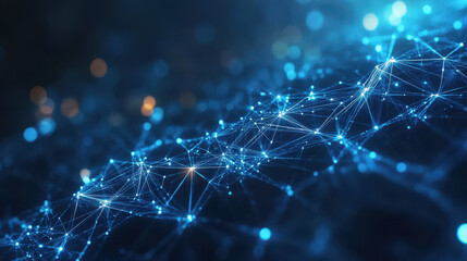 Abstract background with dark blue glowing digital connections, a network of dots and lines in space