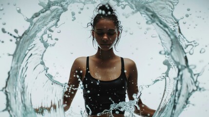 Obraz premium Woman immersed in water creates stunning splashes against a white background in a serene moment of reflection and movement