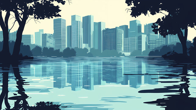 A calm and reflective mood piece of a lakelike flood around city ruins. Echoing Ruins. Illustration