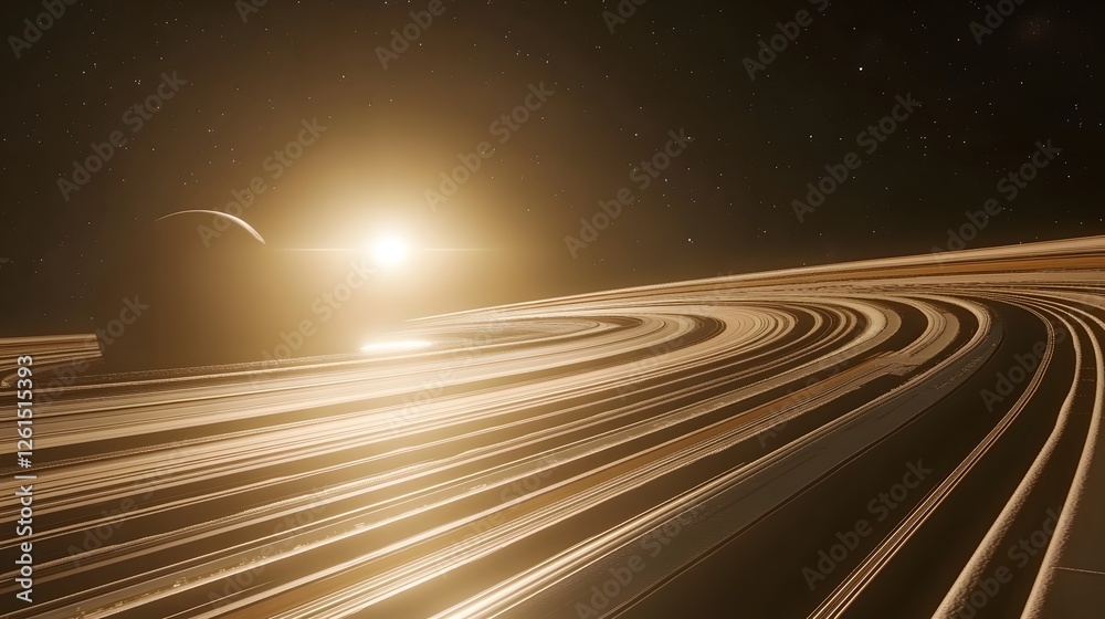 Wall mural stunning view of a planet's rings with a bright sun in the background. the rings curve towards the h