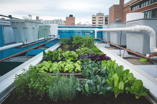 Lush Urban Rooftop Garden growing fresh organic vegetables and leafy greens. Sustainable city agriculture and green roof infrastructure in a modern downtown setting. - Powered by Adobe