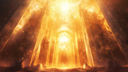 Ancient ruins glowing under a divine aura, radiating mystery. Echoing Ruins. Illustration