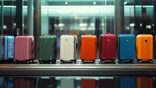 A row of colorful suitcases are lined up on a conveyor belt in the airport. The suitcases are of different colors and sizes, and they are all placed in a row. Concept of organization and order