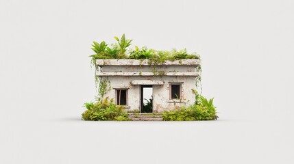 Abandoned structure overgrown with lush greenery, set against a minimalist background, evoking nature's reclaiming