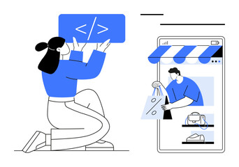 Person holding code snippet, interacting with online store interface on mobile device. Ideal for e-commerce, web development, coding, online shopping, digital marketing, user experience, app