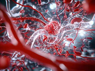 Dynamic visualization of blood vessels and cells human body 3d rendering medical science close-up biological structures