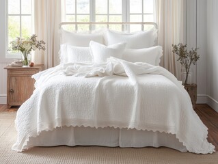 White Cotton Quilt with Lace Trim on Bed