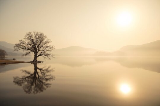A solitary tree stands by the water's edge, reflected in the still lake beneath a serene sunrise