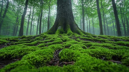 Obraz premium Majestic tree roots covered in lush green moss in a serene forest with misty background