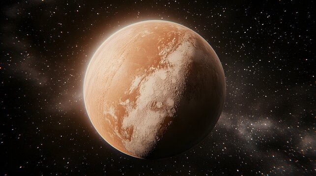 A stunning close-up view of a reddish-brown planet against a backdrop of twinkling stars and cosmic dust. The planet's surface exhibits a textured, cratered appearance.