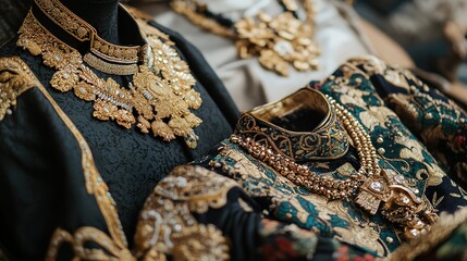 Fototapeta premium Ornate gold jewelry adorns dark, richly embroidered garments on display. Possible use fashion editorial