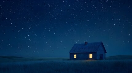 A lone cabin glows under a breathtaking night sky brimming with stars.  The tranquil scene evokes feelings of peace and solitude in a vast, open field.