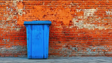 Bright blue trash bin standing against a vibrant orange brick wall in an urban setting