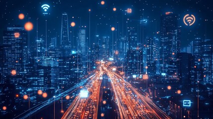 Fototapeta premium Futuristic Cityscape at Night with Data Streams and Light Trails on Busy Highway