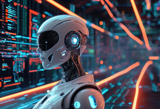 Artificial Intelligence design, hi-tech blockchain network on neural network background.