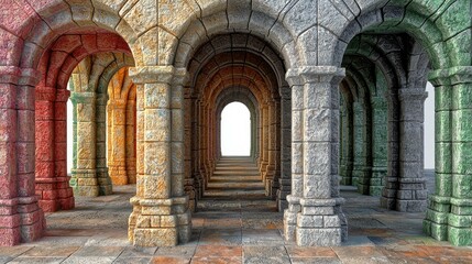 Naklejka premium A mesmerizing digital artwork of a majestic stone archway, leading to a bright, open space. The image showcases intricate details and a sense of wonder.