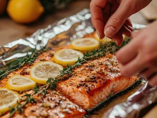 Woman seasoning salmon with lemon and rosemary