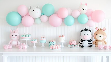 Colorful balloon decorations with cute animal-themed desserts for a children's party setup