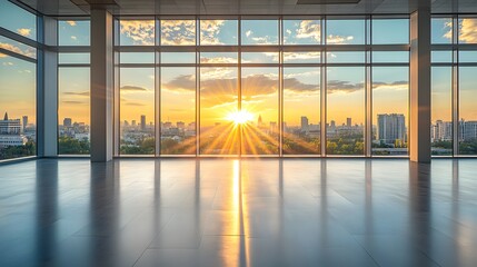 Fototapeta premium Spacious office interior with large window providing city view and natural light for a productive workspace