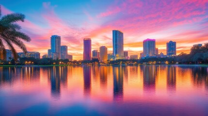 Lake Eola Park's Stunning Sunset Reflection of Downtown Orlando Skyline
