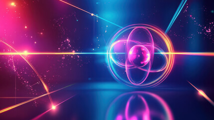 Obraz premium Abstract, neon-glowing, futuristic background with an atomic model
