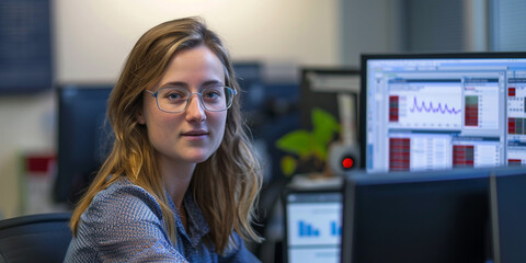 Naklejka premium Focused Woman Analyzing Data on Multiple Computer Screens