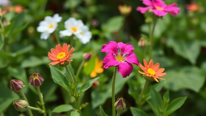 Vibrant Garden Flowers in Full Bloom Pink, Orange, and White Zinnia Blossoms